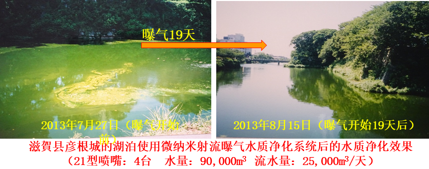 滋賀县彦根城的湖泊使用微纳米射流曝气水质净化系统后的水质净化效果